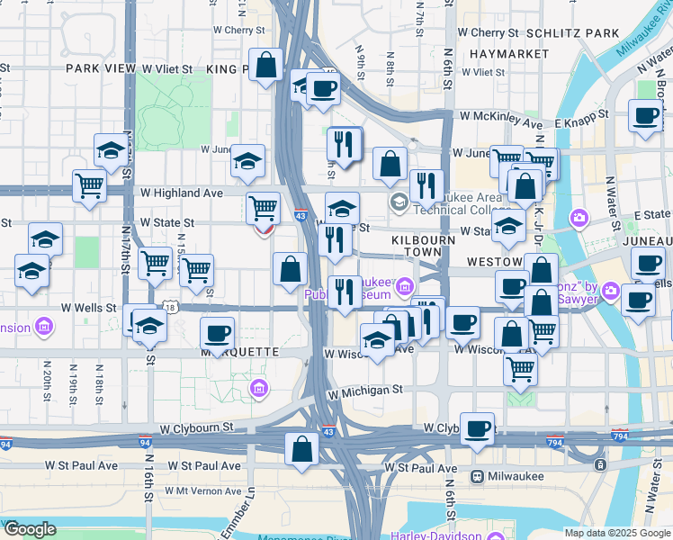 map of restaurants, bars, coffee shops, grocery stores, and more near 901 North 9th Street in Milwaukee