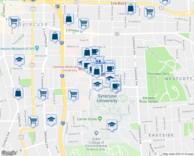 map of restaurants, bars, coffee shops, grocery stores, and more near 151-101 Waverly Avenue in Syracuse