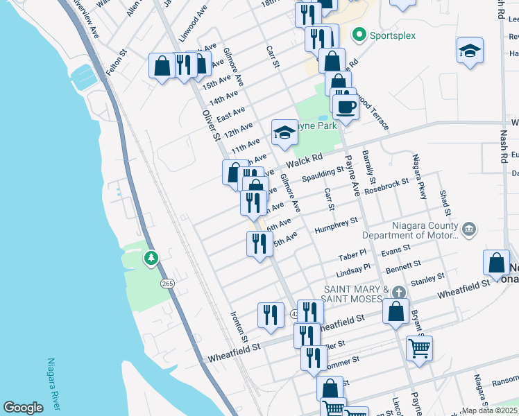 map of restaurants, bars, coffee shops, grocery stores, and more near 685 Oliver Street in North Tonawanda