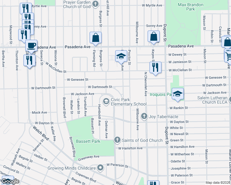 map of restaurants, bars, coffee shops, grocery stores, and more near 2638 Forest Hill Avenue in Flint