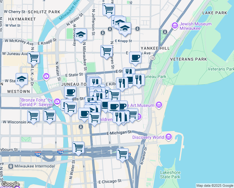 map of restaurants, bars, coffee shops, grocery stores, and more near 802 North Van Buren Street in Milwaukee