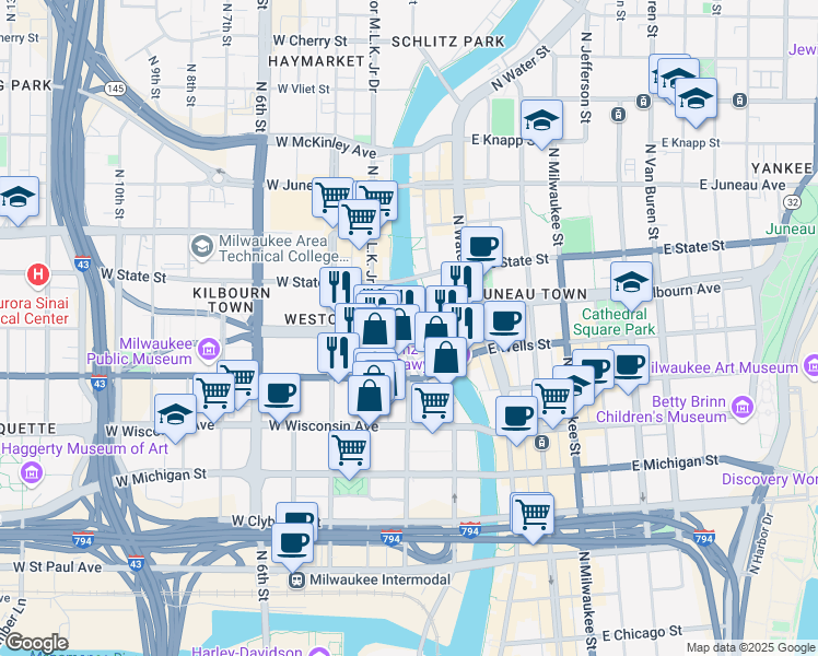 map of restaurants, bars, coffee shops, grocery stores, and more near 847 North Plankinton Avenue in Milwaukee