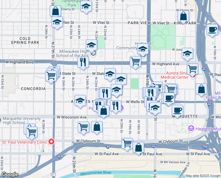 map of restaurants, bars, coffee shops, grocery stores, and more near 2012 West Wells Street in Milwaukee