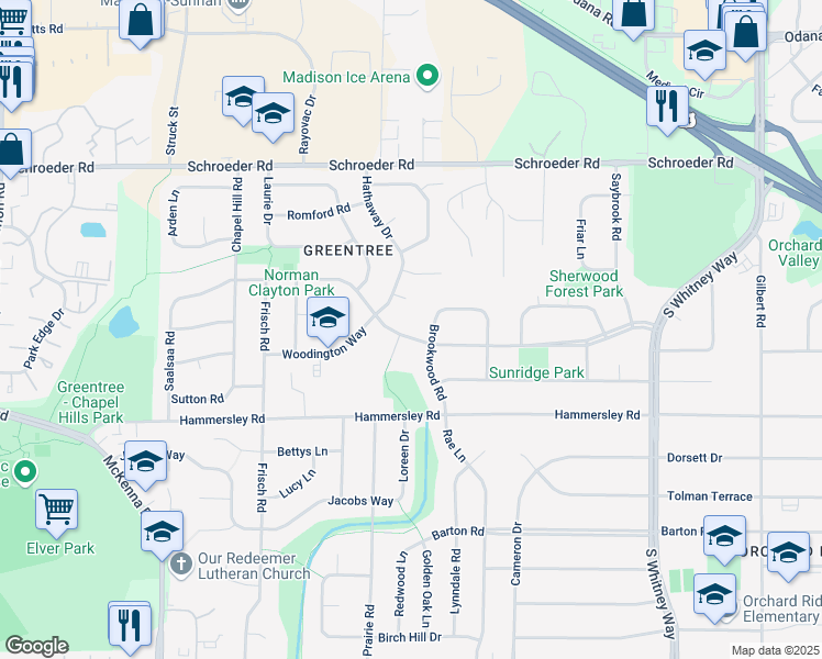 map of restaurants, bars, coffee shops, grocery stores, and more near 1202 Brookwood Road in Madison