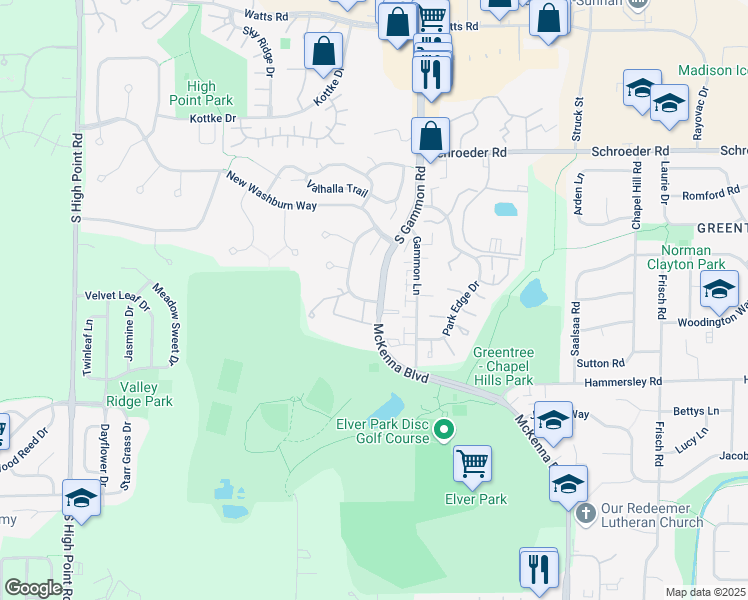 map of restaurants, bars, coffee shops, grocery stores, and more near 1109 McKenna Boulevard in Madison