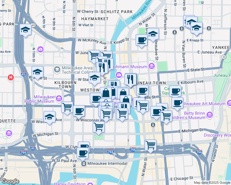map of restaurants, bars, coffee shops, grocery stores, and more near 33 E Kilbourn Ave in Milwaukee