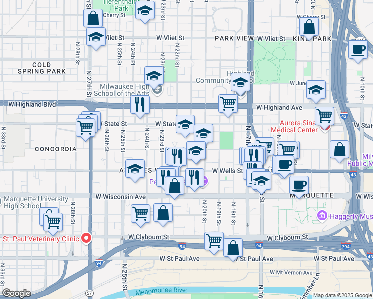 map of restaurants, bars, coffee shops, grocery stores, and more near 2103 West Kilbourn Avenue in Milwaukee