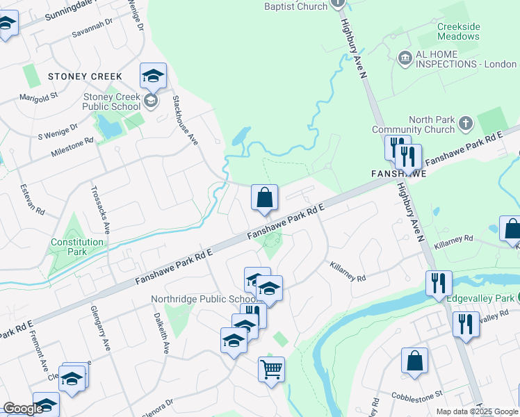map of restaurants, bars, coffee shops, grocery stores, and more near 1150 Fanshawe Park Road East in London