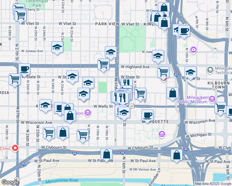 map of restaurants, bars, coffee shops, grocery stores, and more near N 17th St & W Kilbourn Ave in Milwaukee