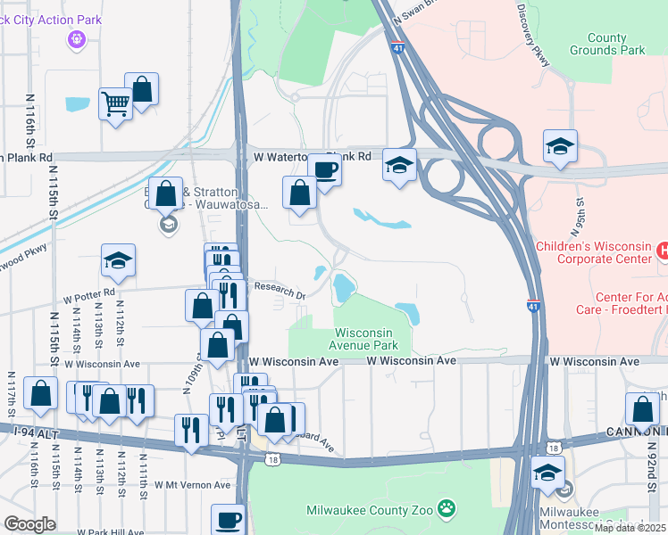 map of restaurants, bars, coffee shops, grocery stores, and more near 10701 West Research Drive in Wauwatosa