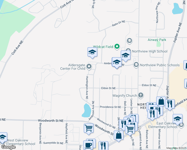 map of restaurants, bars, coffee shops, grocery stores, and more near 4400 Ambrose Avenue Northeast in Grand Rapids