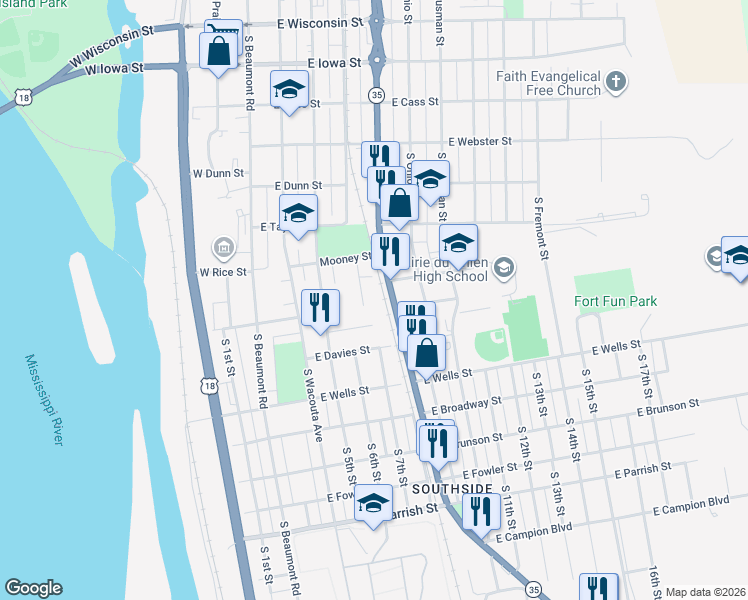 map of restaurants, bars, coffee shops, grocery stores, and more near 507 Parkview Court in Prairie du Chien