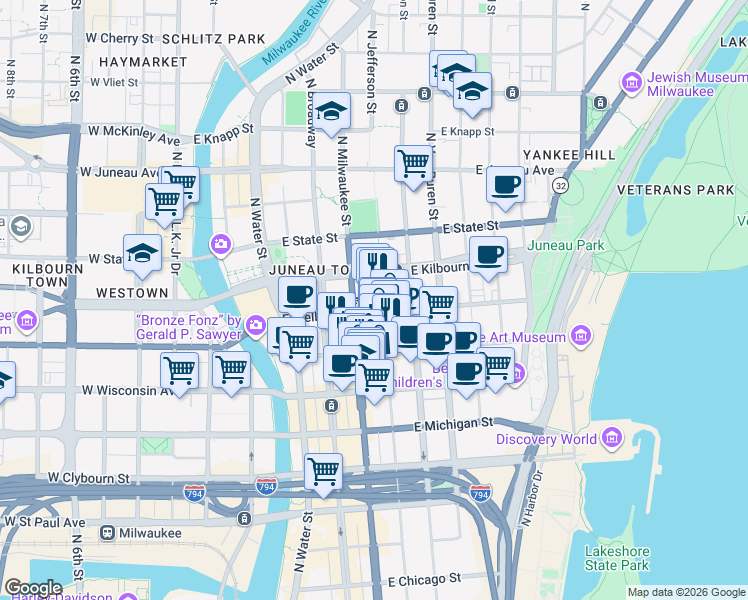 map of restaurants, bars, coffee shops, grocery stores, and more near 419 East Wells Street in Milwaukee