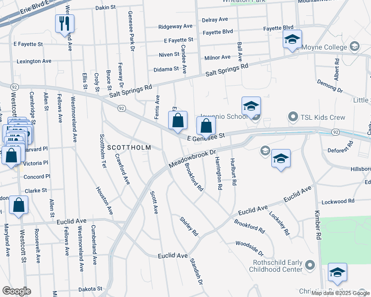 map of restaurants, bars, coffee shops, grocery stores, and more near 109 Brookford Road in Syracuse