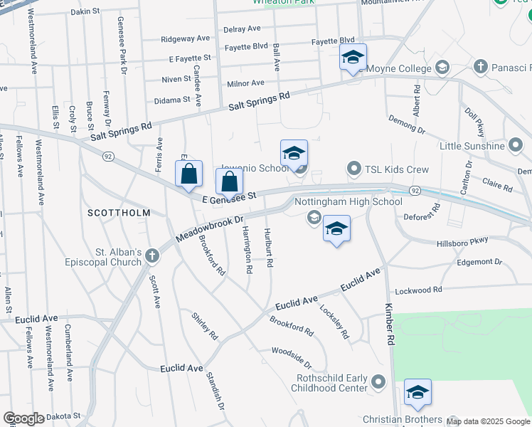 map of restaurants, bars, coffee shops, grocery stores, and more near Meadowbrook Drive & Hurlburt Road in Syracuse