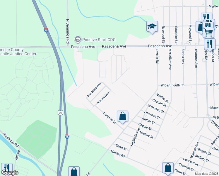 map of restaurants, bars, coffee shops, grocery stores, and more near 3607 Caco Street in Flint