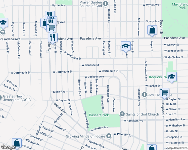 map of restaurants, bars, coffee shops, grocery stores, and more near 2708 Landon Street in Flint