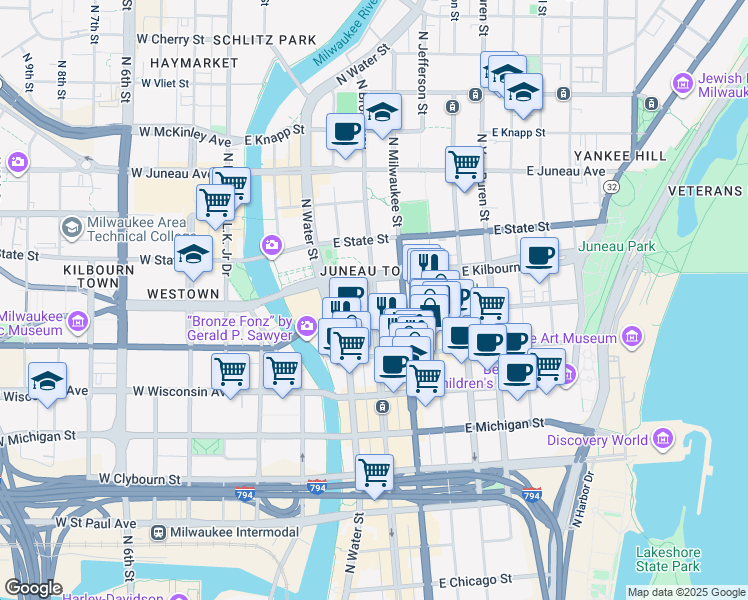 map of restaurants, bars, coffee shops, grocery stores, and more near 844 North Broadway in Milwaukee