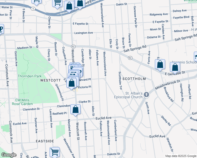 map of restaurants, bars, coffee shops, grocery stores, and more near 623 Allen Street in Syracuse