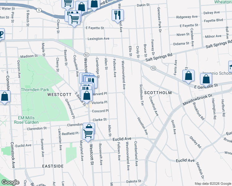 map of restaurants, bars, coffee shops, grocery stores, and more near Fellows Ave & Harvard Pl in Syracuse