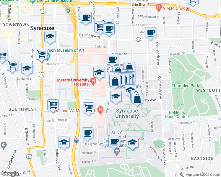 map of restaurants, bars, coffee shops, grocery stores, and more near 725 Irving Avenue in Syracuse