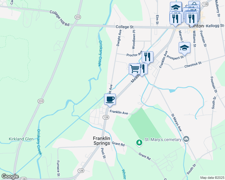 map of restaurants, bars, coffee shops, grocery stores, and more near 78 Meadow Street in Clinton