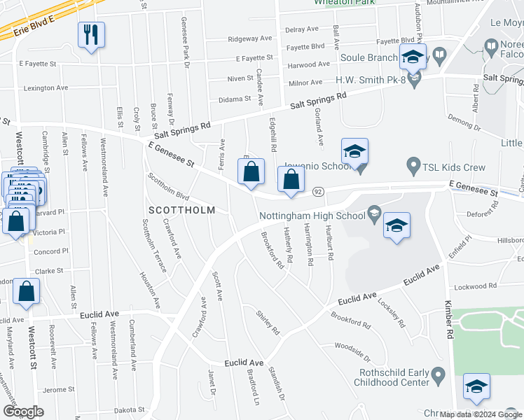 map of restaurants, bars, coffee shops, grocery stores, and more near 1419 Meadowbrook Drive in Syracuse