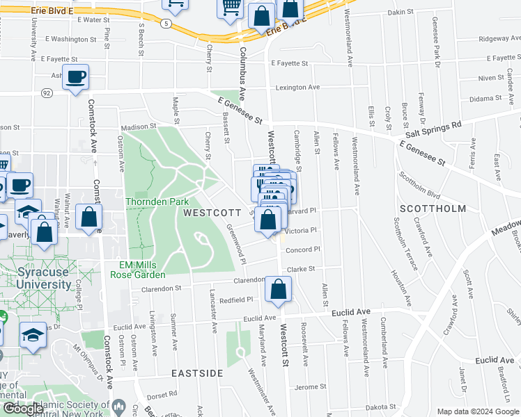 map of restaurants, bars, coffee shops, grocery stores, and more near 726 South Beech Street in Syracuse