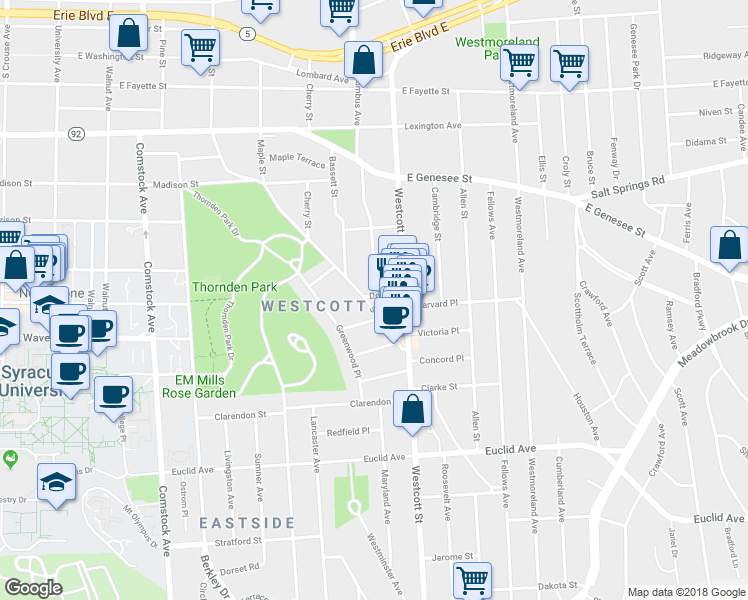 map of restaurants, bars, coffee shops, grocery stores, and more near 726 South Beech Street in Syracuse