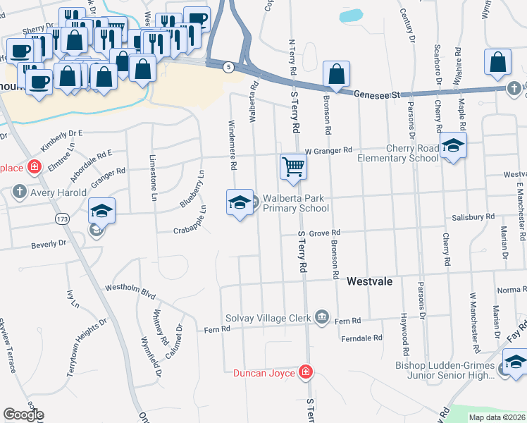 map of restaurants, bars, coffee shops, grocery stores, and more near 415 Walberta Road in Syracuse
