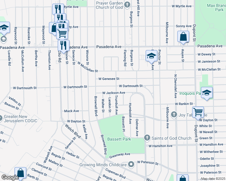 map of restaurants, bars, coffee shops, grocery stores, and more near 2708 Landon Street in Flint