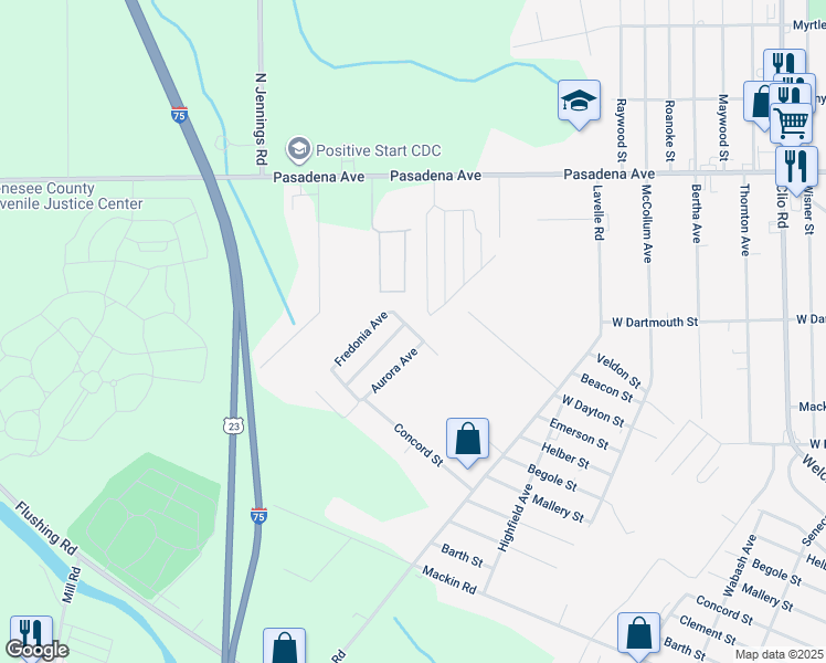 map of restaurants, bars, coffee shops, grocery stores, and more near 3529-3607 Caco Street in Flint
