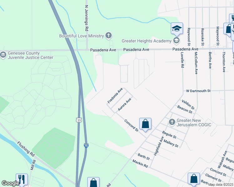 map of restaurants, bars, coffee shops, grocery stores, and more near 3598 Concord Street in Flint