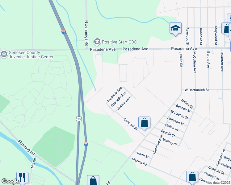 map of restaurants, bars, coffee shops, grocery stores, and more near 3598 Concord Street in Flint