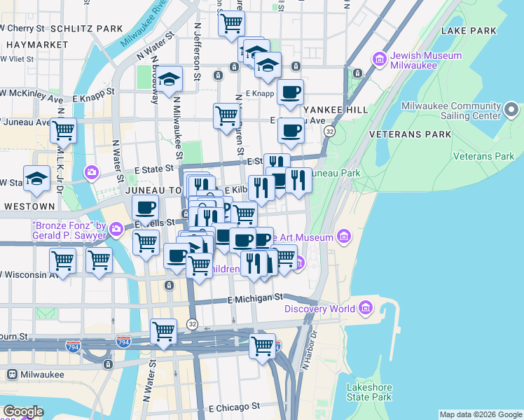 map of restaurants, bars, coffee shops, grocery stores, and more near in Milwaukee
