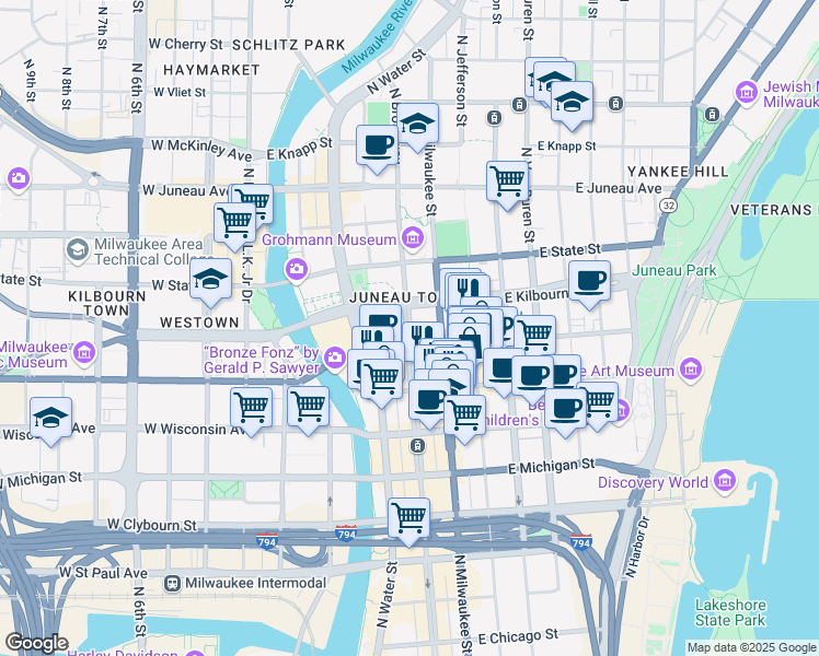 map of restaurants, bars, coffee shops, grocery stores, and more near 1433 East Wells Street in Milwaukee