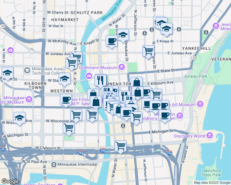 map of restaurants, bars, coffee shops, grocery stores, and more near in Milwaukee