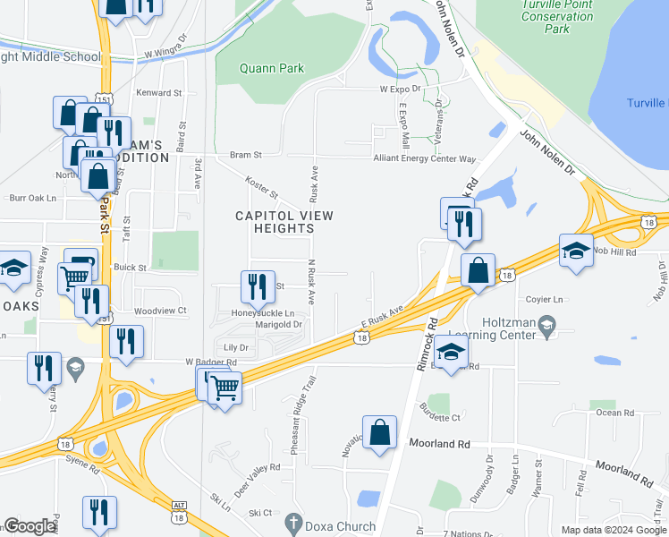 map of restaurants, bars, coffee shops, grocery stores, and more near 17 Capitol View Terrace in Madison