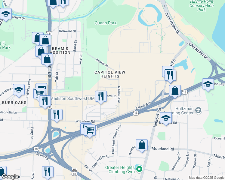 map of restaurants, bars, coffee shops, grocery stores, and more near 110 Nygard Street in Madison