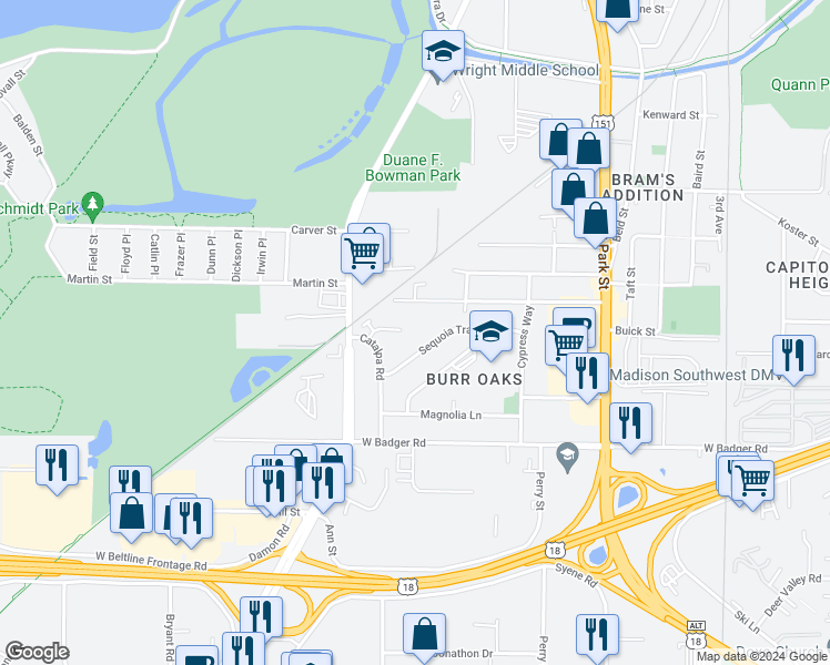 map of restaurants, bars, coffee shops, grocery stores, and more near 1113 Sequoia Trail in Madison