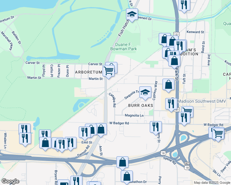 map of restaurants, bars, coffee shops, grocery stores, and more near 2214 Catalpa Road in Madison