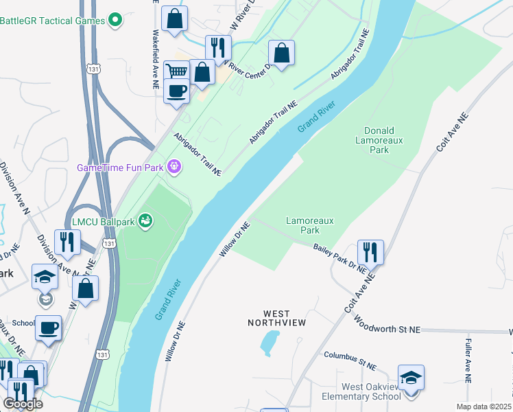 map of restaurants, bars, coffee shops, grocery stores, and more near 4301 Willow Drive Northeast in Grand Rapids