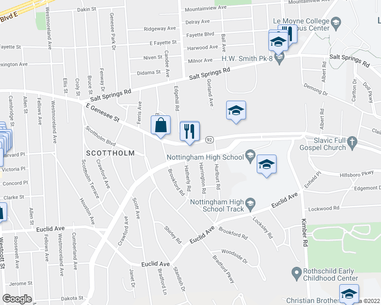 map of restaurants, bars, coffee shops, grocery stores, and more near 1611 Meadowbrook Drive in Syracuse