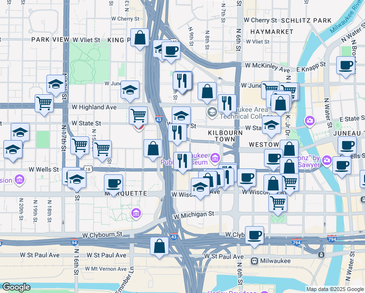 map of restaurants, bars, coffee shops, grocery stores, and more near 901 North 9th Street in Milwaukee