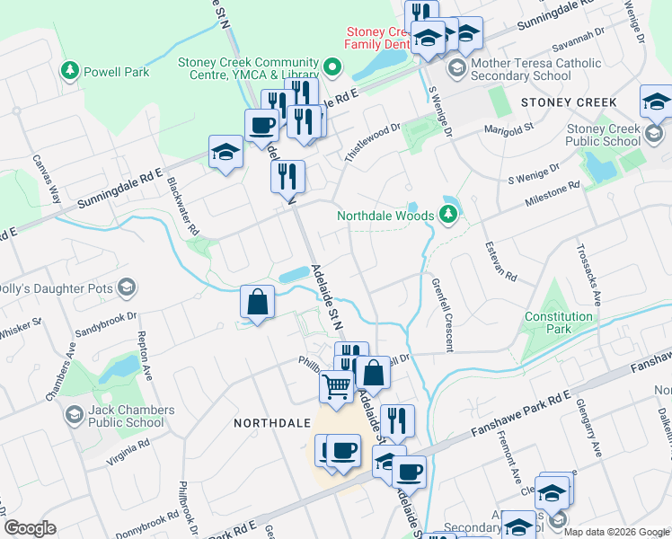 map of restaurants, bars, coffee shops, grocery stores, and more near 521 Blackwater Place in London