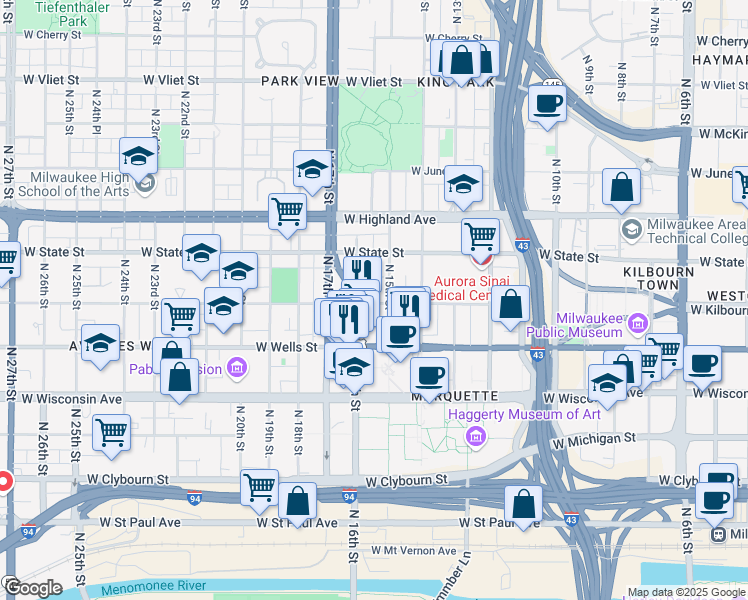 map of restaurants, bars, coffee shops, grocery stores, and more near 1516 West Kilbourn Avenue in Milwaukee