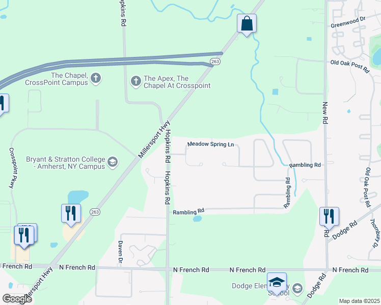 map of restaurants, bars, coffee shops, grocery stores, and more near 17 Meadow Spring Court in East Amherst