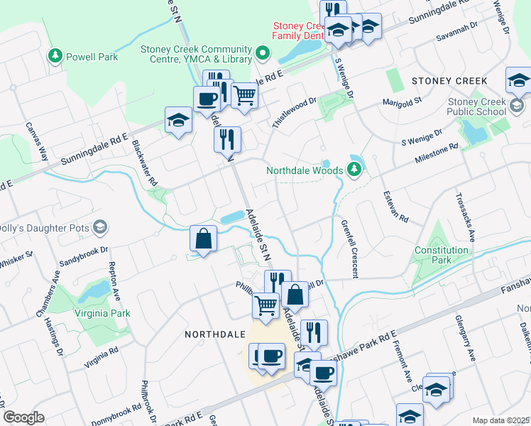 map of restaurants, bars, coffee shops, grocery stores, and more near 521 Blackwater Place in London