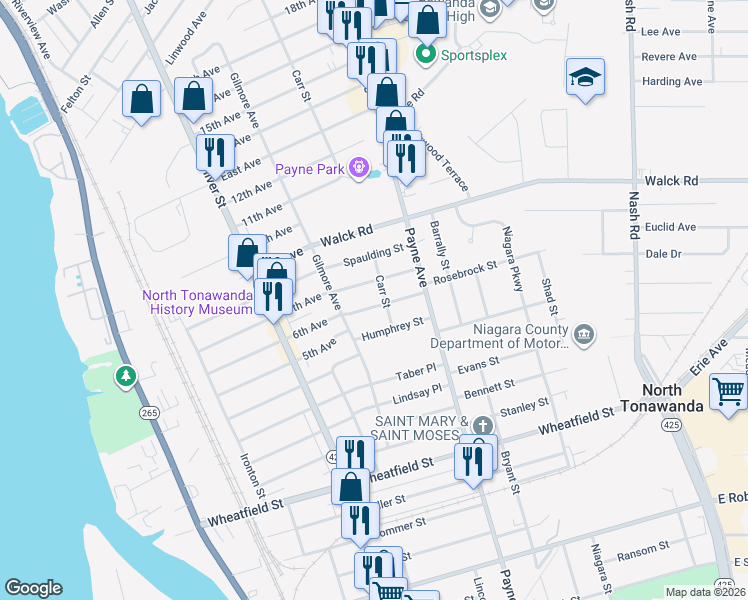 map of restaurants, bars, coffee shops, grocery stores, and more near 214 Edward Street in North Tonawanda