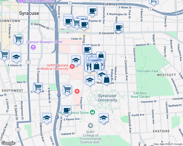 map of restaurants, bars, coffee shops, grocery stores, and more near 151 Waverly Avenue in Syracuse